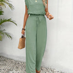Wide-Leg Lace-Sleeve Jumpsuit - Sage Green