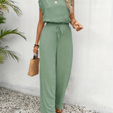 Wide-Leg Lace-Sleeve Jumpsuit - Sage Green