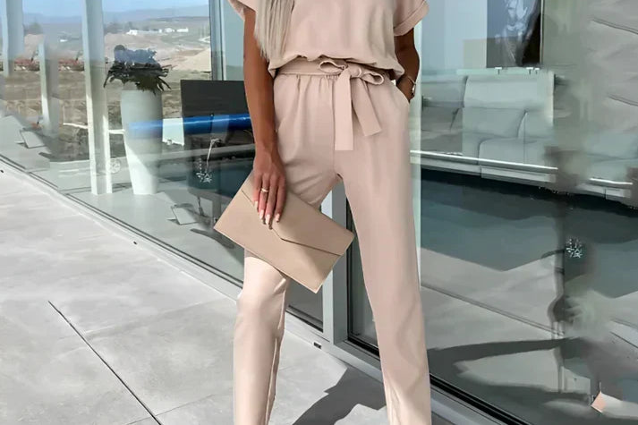 Women's V-Neck Top And Straight Pant Set | Relaxed Polished Two-Piece Set