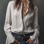 Celina - Women's Zip-Front Blouse with Flounce Cuffs - White