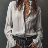 Celina - Women's Zip-Front Blouse with Flounce Cuffs - White