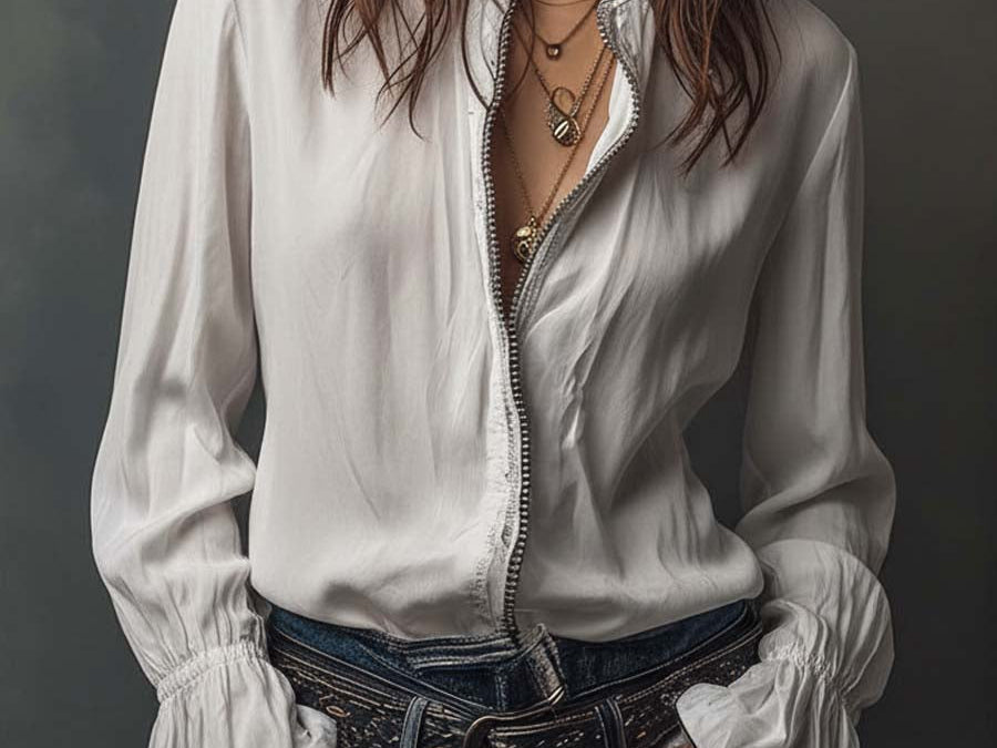 Celina - Women's Zip-Front Blouse with Flounce Cuffs - White