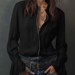 Celina - Women's Zip-Front Blouse with Flounce Cuffs - Black