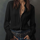 Celina - Women's Zip-Front Blouse with Flounce Cuffs - Black