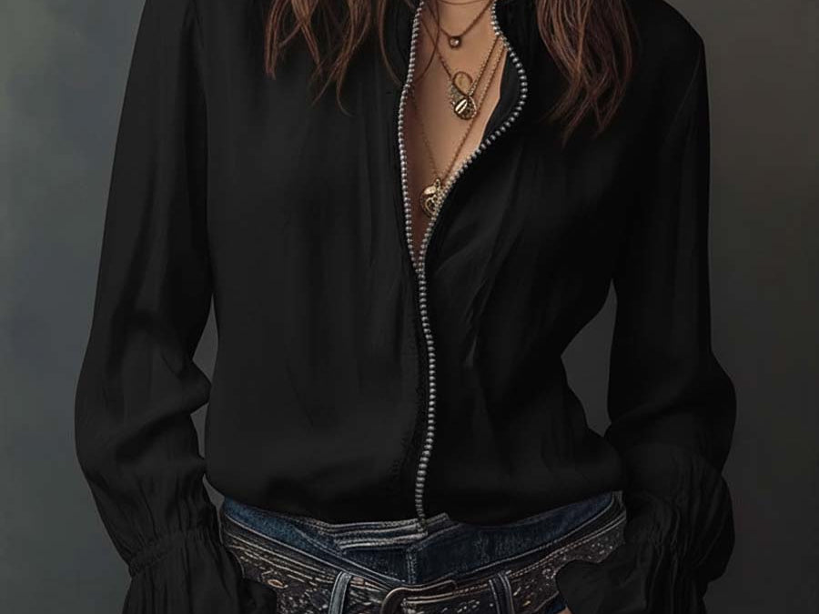 Celina - Women's Zip-Front Blouse with Flounce Cuffs - Black