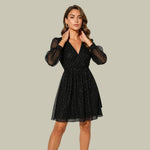 Cerys - Women's Long Sleeve V-Neck Sequin Mini Dress - Black