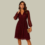 Cerys - Women's Long Sleeve V-Neck Sequin Mini Dress - Red