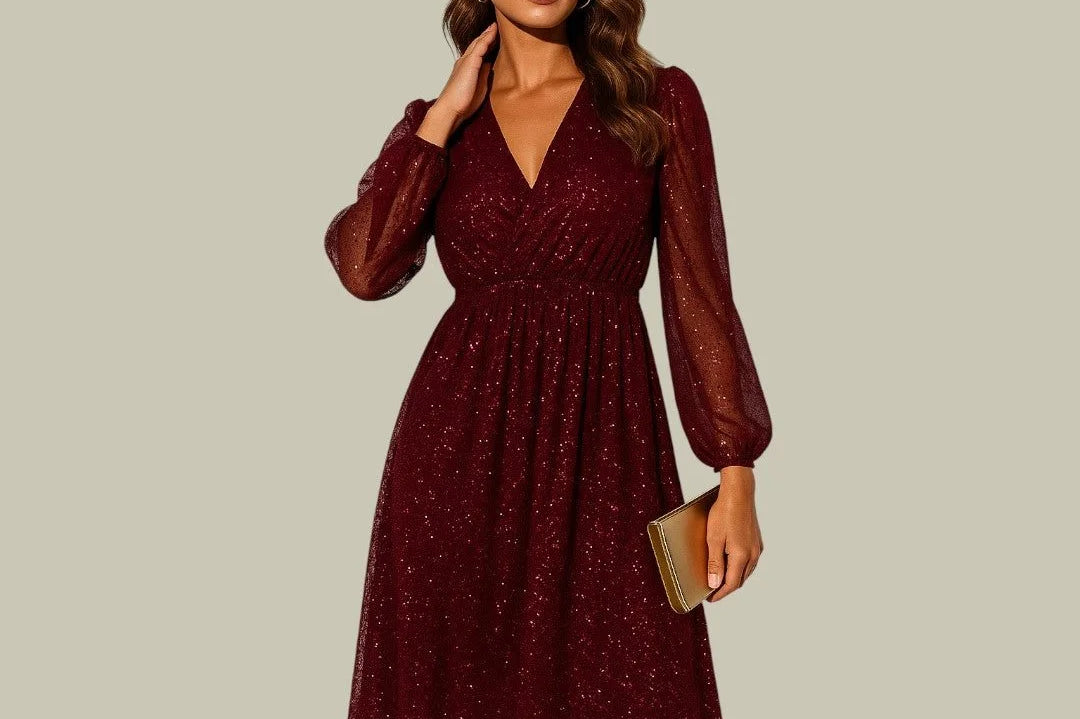 Cerys - Women's Long Sleeve V-Neck Sequin Mini Dress - Red