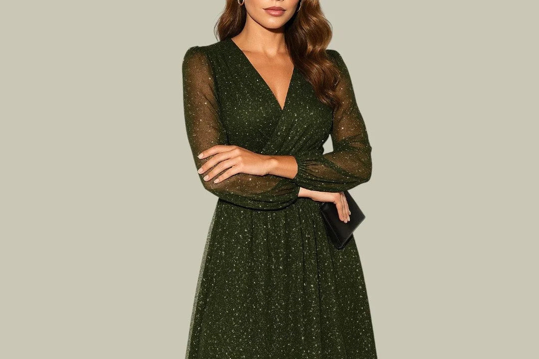 Cerys - Women's Long Sleeve V-Neck Sequin Mini Dress - Green