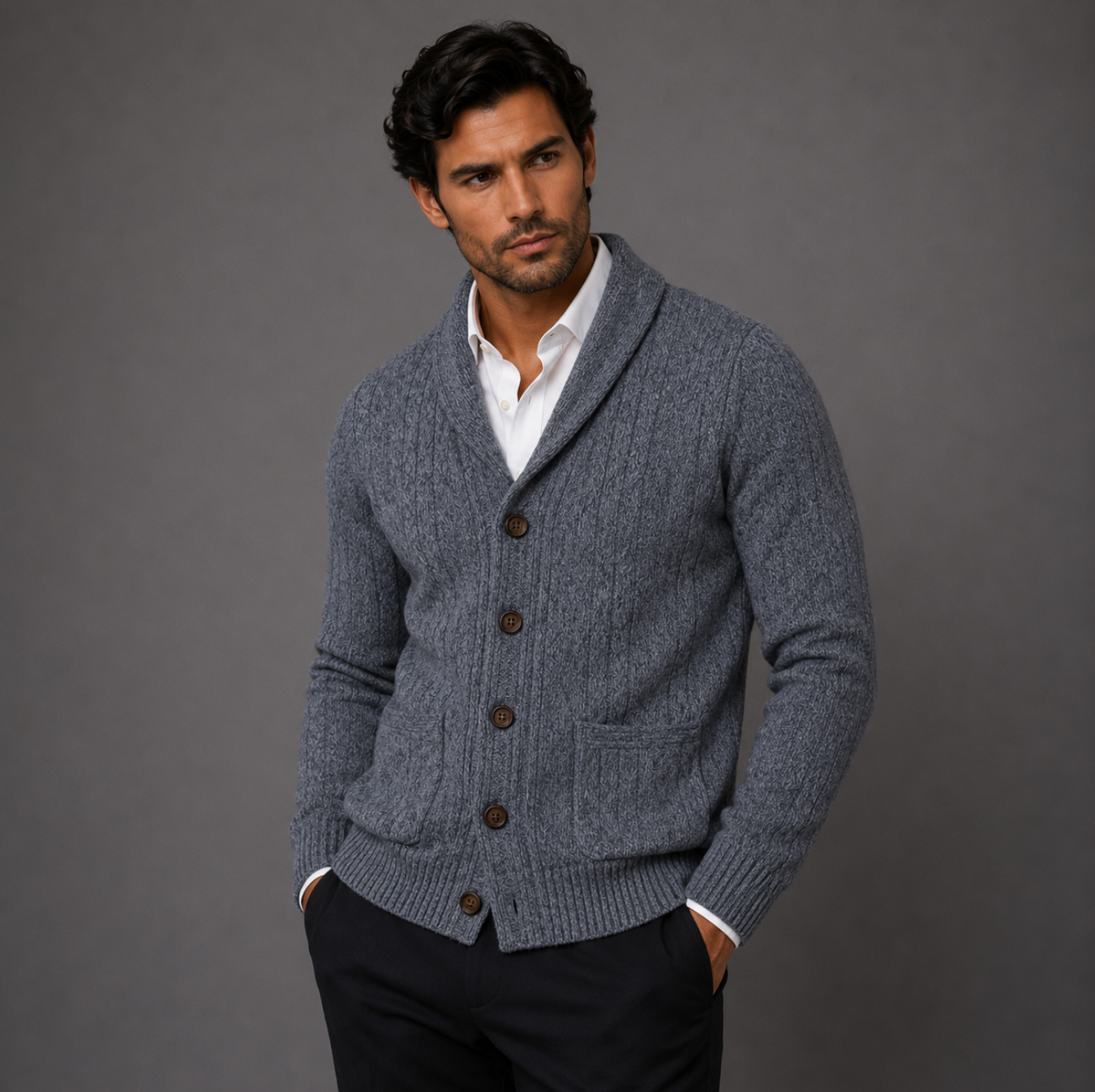 Chad - Men's Cable Knit Shawl Collar Cardigan with Pockets - Gray
