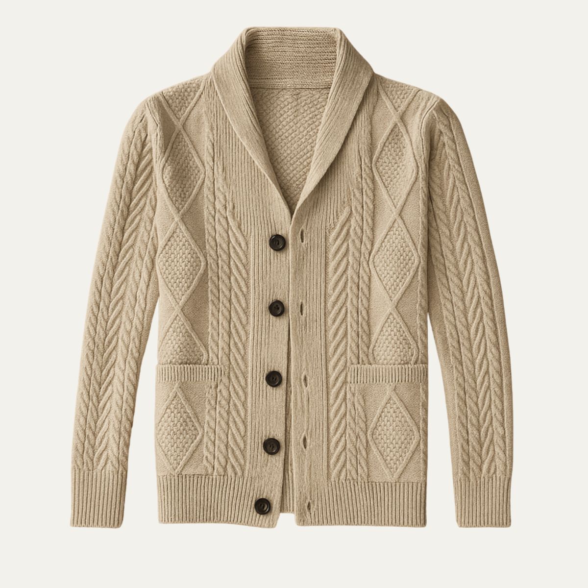 Chad - Men's Cable Knit Shawl Collar Cardigan with Pockets