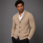 Chad - Men's Cable Knit Shawl Collar Cardigan with Pockets - Beige