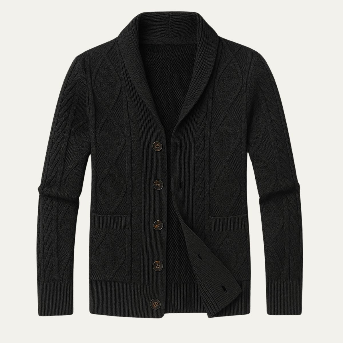 Chad - Men's Cable Knit Shawl Collar Cardigan with Pockets