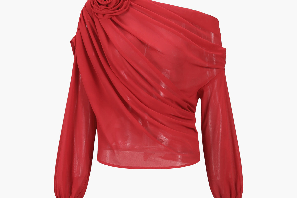 Moira - Women's One-Shoulder Blouse with Floral Accent