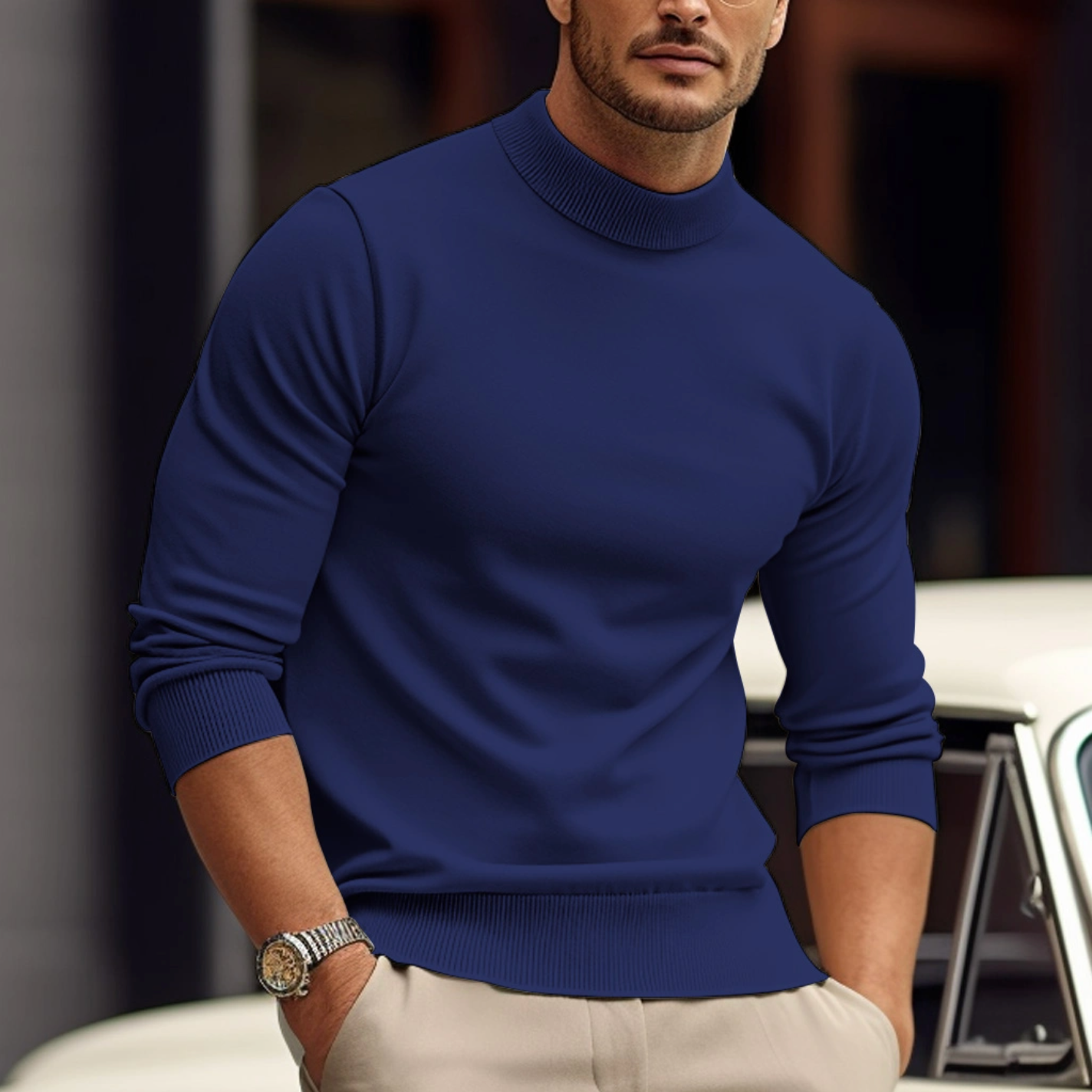 Clay - Men's Ribbed Crew Neck Knit Sweater - Blue