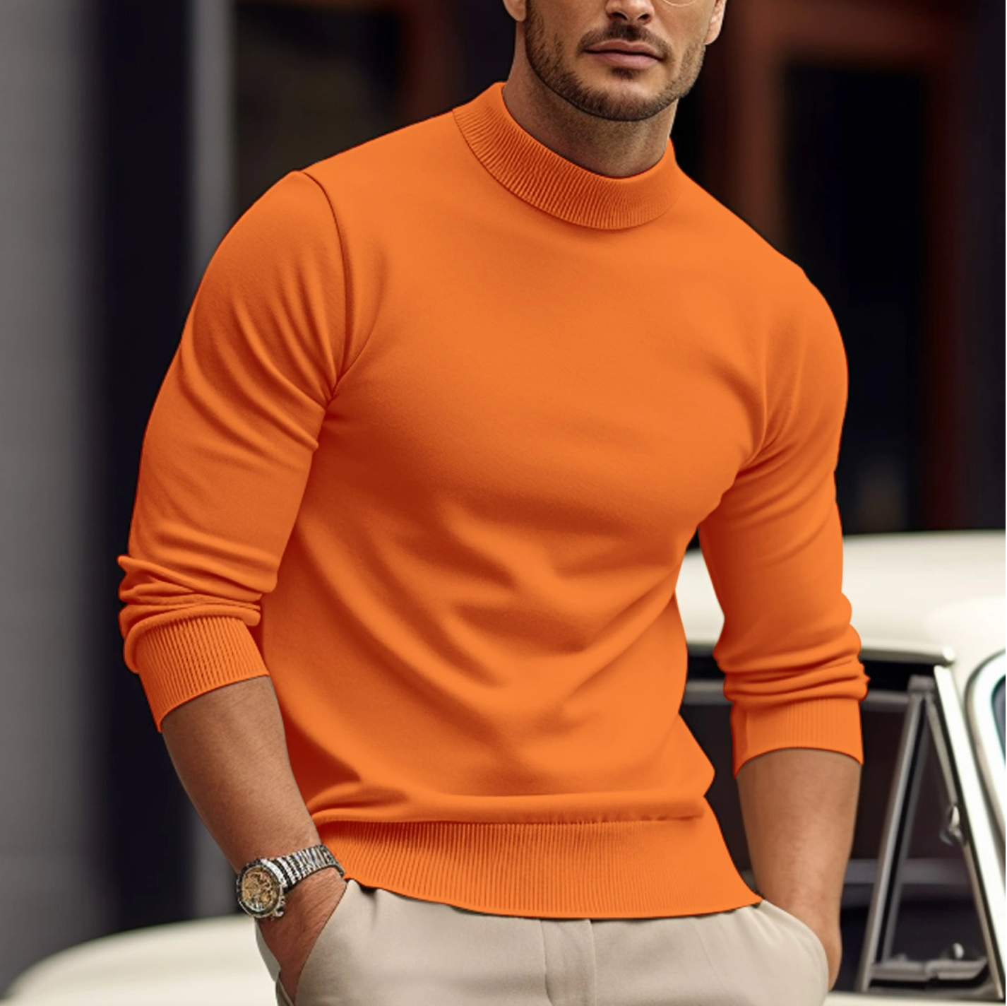 Clay - Men's Ribbed Crew Neck Knit Sweater - Orange