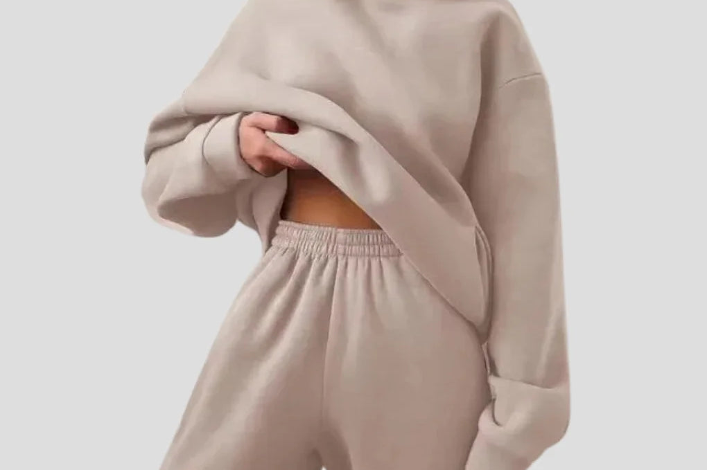 Cleona - Women's Lined Hoodie and Jogger Lounge Set - Beige