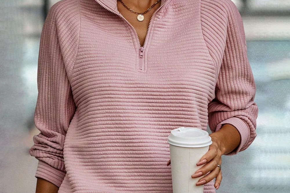 Cliodhna - Women's Half-Zip Knit Pullover with Stand Collar - Pink