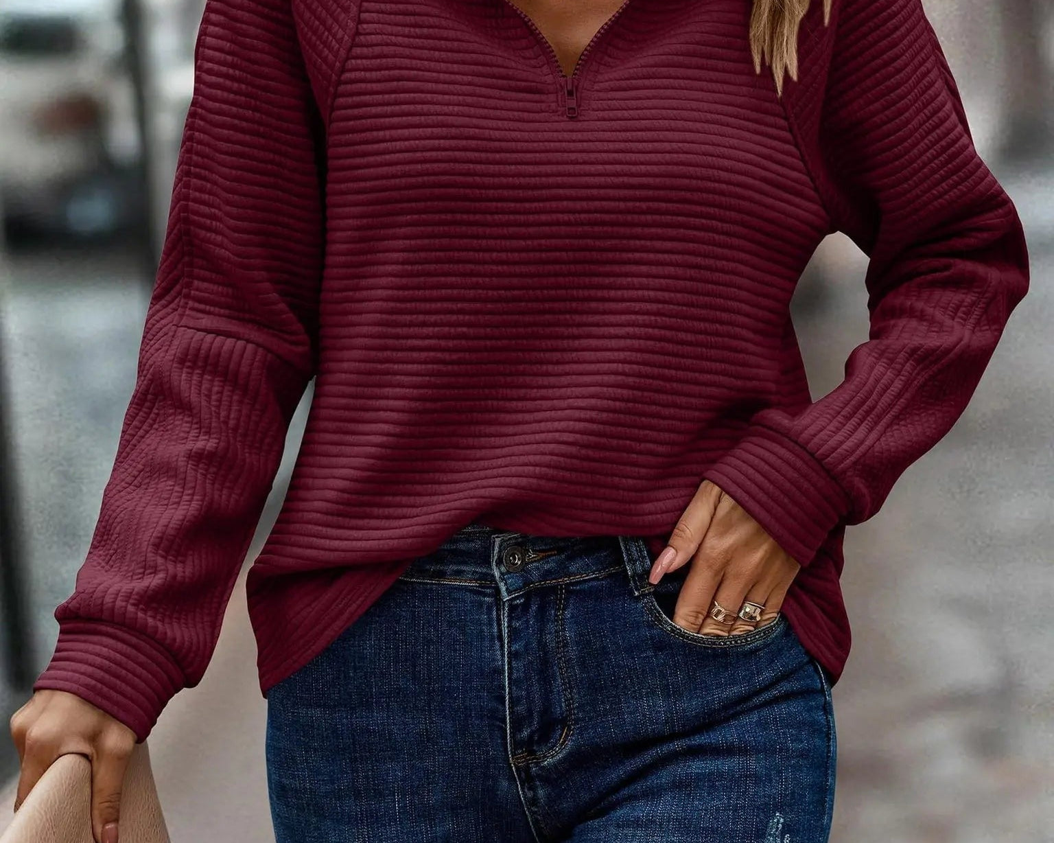 Cliodhna - Women's Half-Zip Knit Pullover with Stand Collar - Burgundy