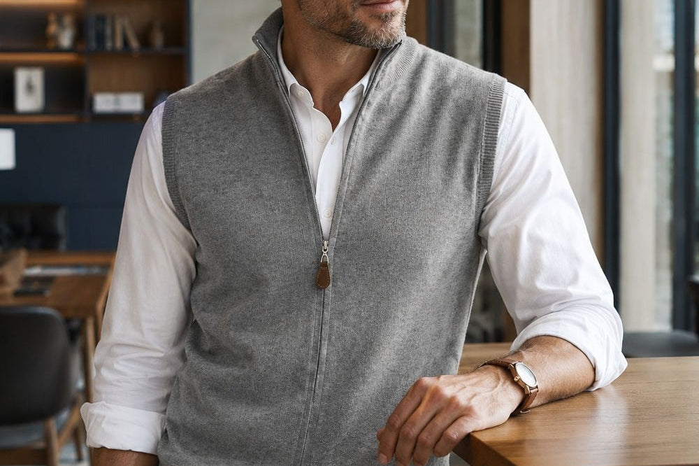 Cole - Men's Cashmere-Blend Zip-Up Knit Vest with Side Pockets - Ash Grey