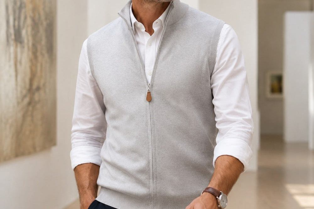 Cole - Men's Cashmere-Blend Zip-Up Knit Vest with Side Pockets - Light Beige