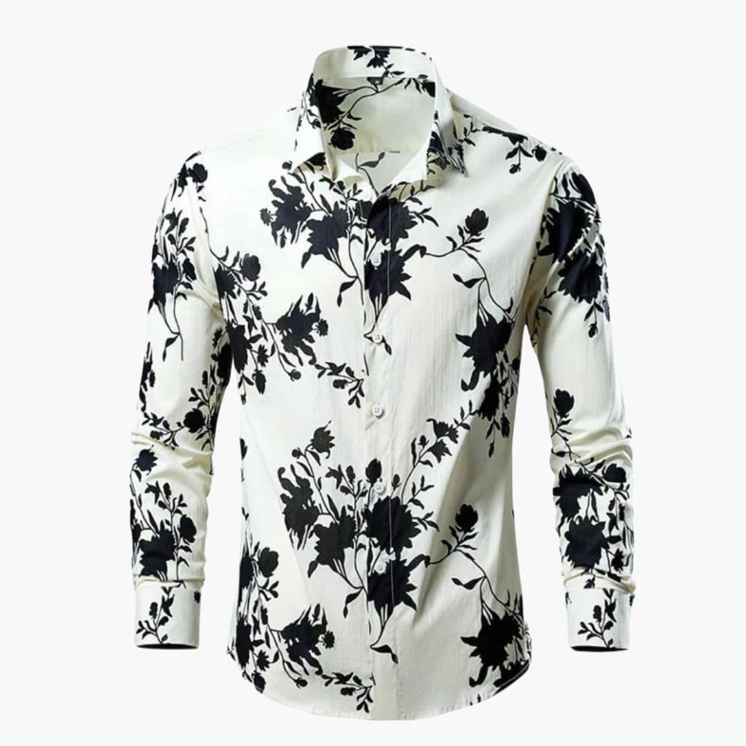 Craig - Men's Floral Print Long Sleeve Button-Down Shirt - White Floral