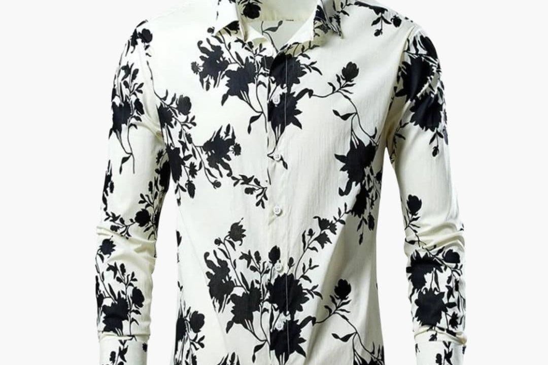 Craig - Men's Floral Print Long Sleeve Button-Down Shirt - White Floral
