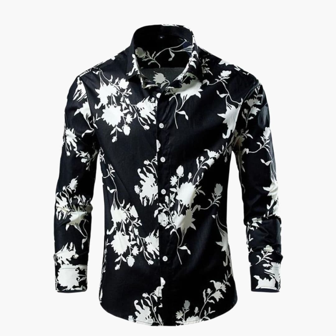 Craig - Men's Floral Print Long Sleeve Button-Down Shirt - Black Floral