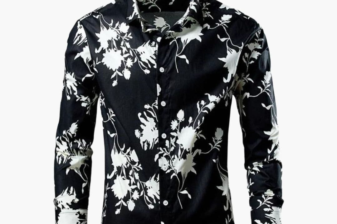 Craig - Men's Floral Print Long Sleeve Button-Down Shirt - Black Floral