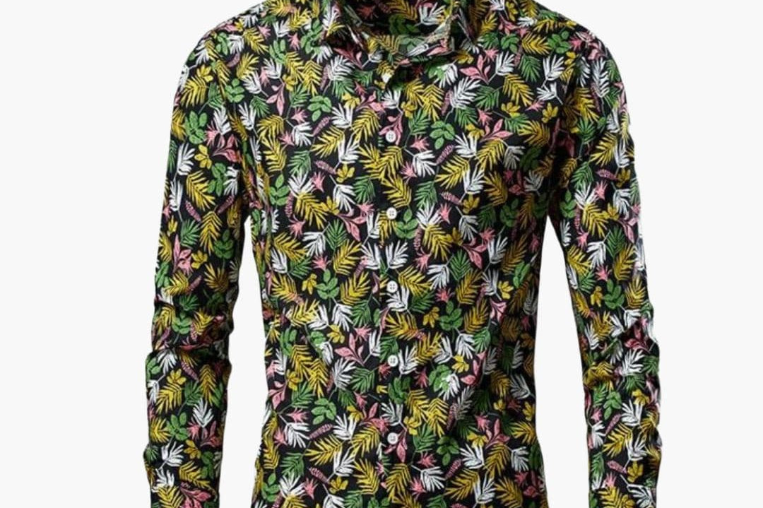 Craig - Men's Floral Print Long Sleeve Button-Down Shirt - Green Floral