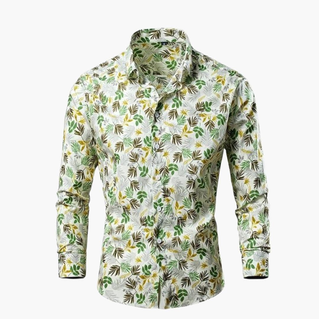 Craig - Men's Floral Print Long Sleeve Button-Down Shirt - White & Green Floral