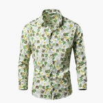 Craig - Men's Floral Print Long Sleeve Button-Down Shirt - White & Green Floral