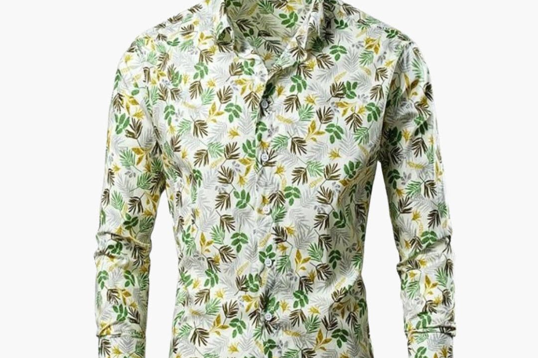 Craig - Men's Floral Print Long Sleeve Button-Down Shirt - White & Green Floral