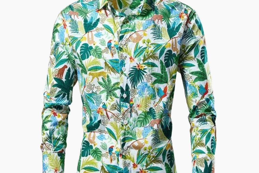 Craig - Men's Floral Print Long Sleeve Button-Down Shirt - Light Green Floral