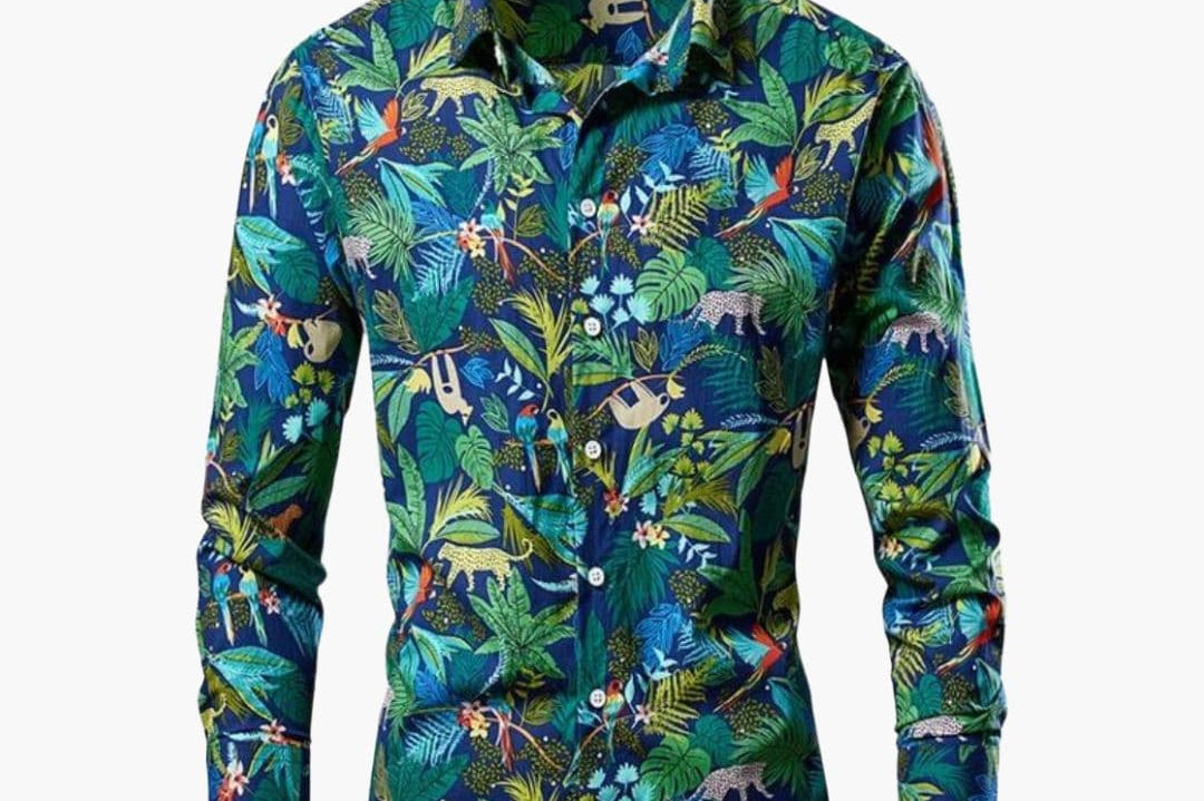 Craig - Men's Floral Print Long Sleeve Button-Down Shirt - Blue & Green Floral