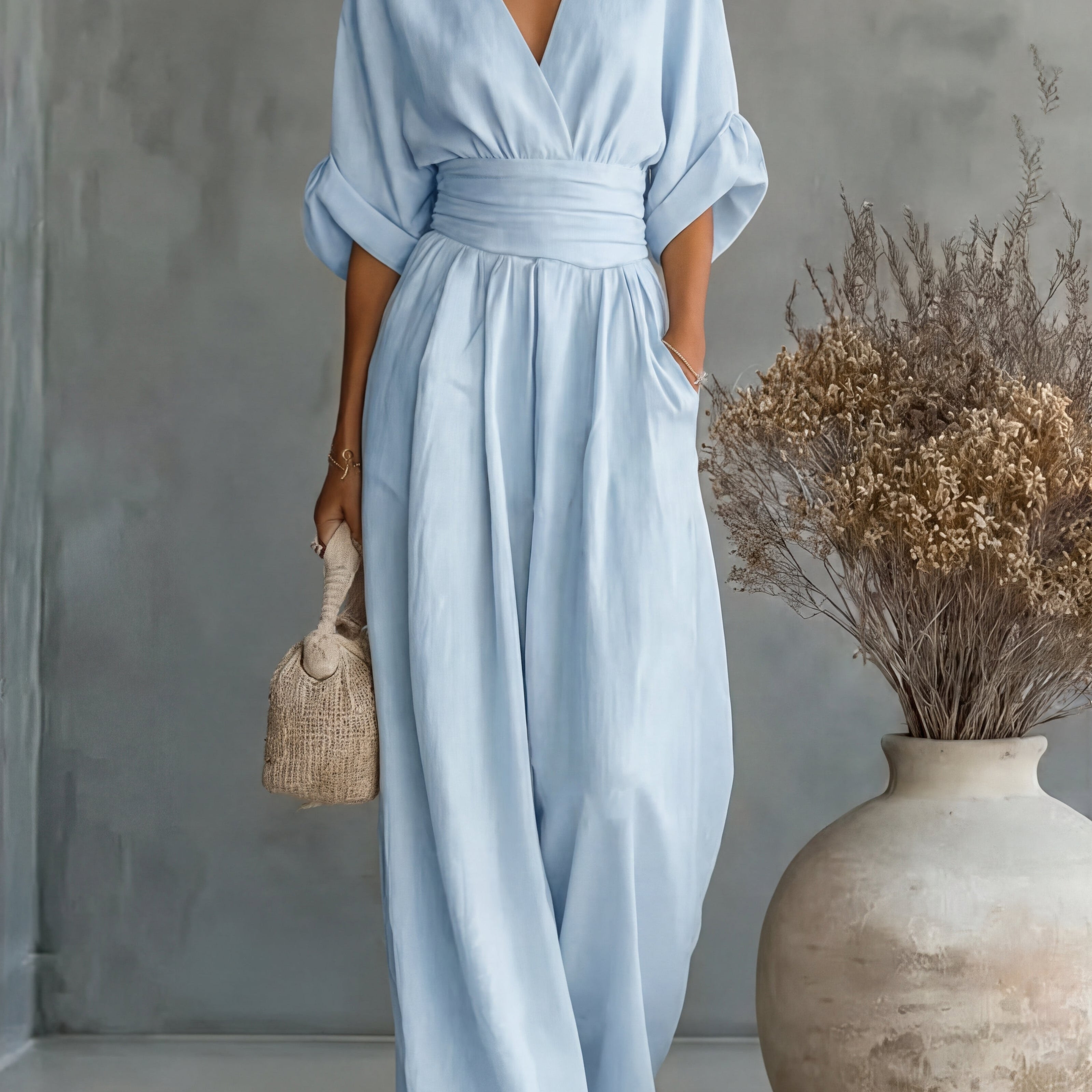 Genevieve | Women's Elegant V-Neck Wide Leg Wedding Guest Jumpsuit