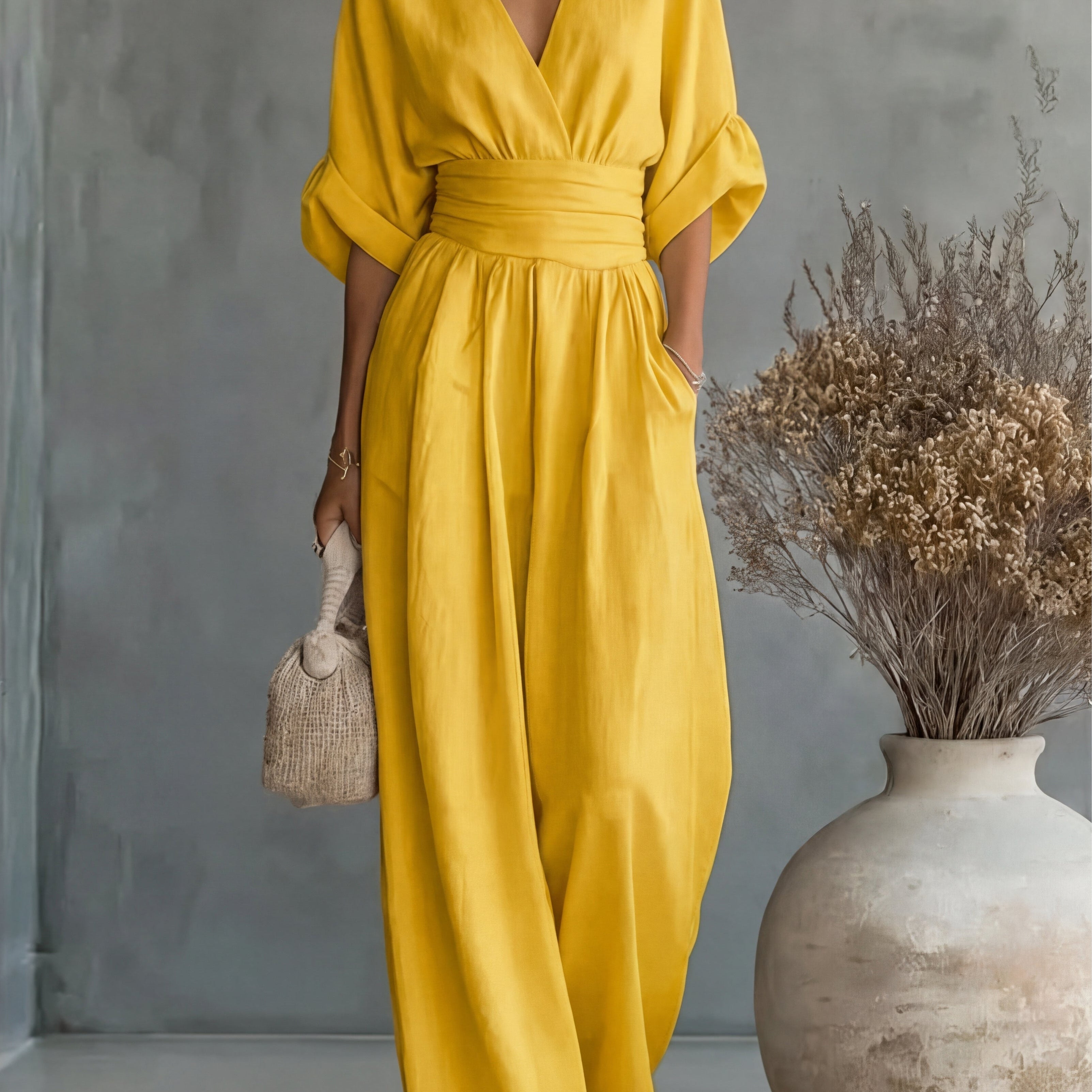 Genevieve | Women's Elegant V-Neck Wide Leg Wedding Guest Jumpsuit