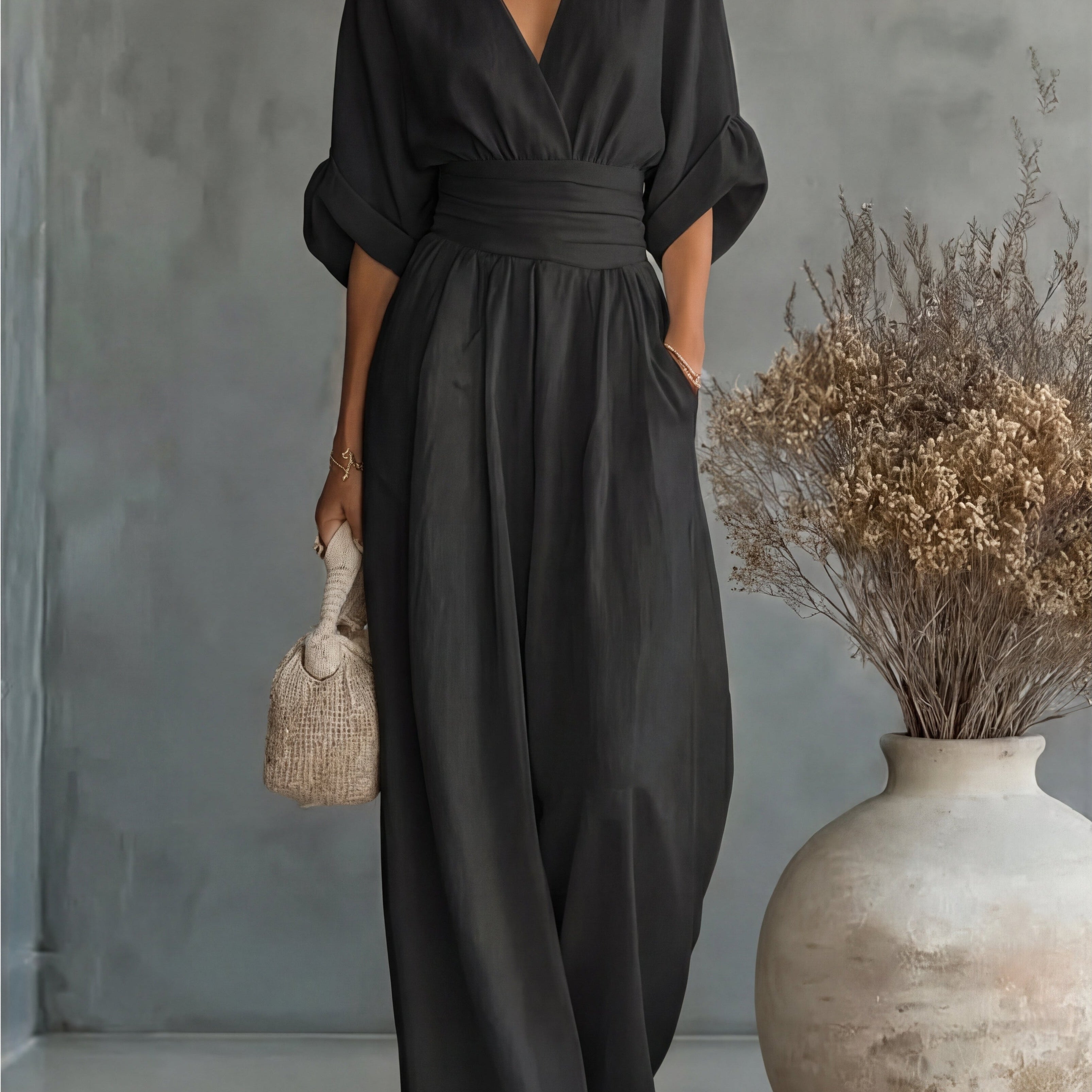 Genevieve | Women's Elegant V-Neck Wide Leg Wedding Guest Jumpsuit