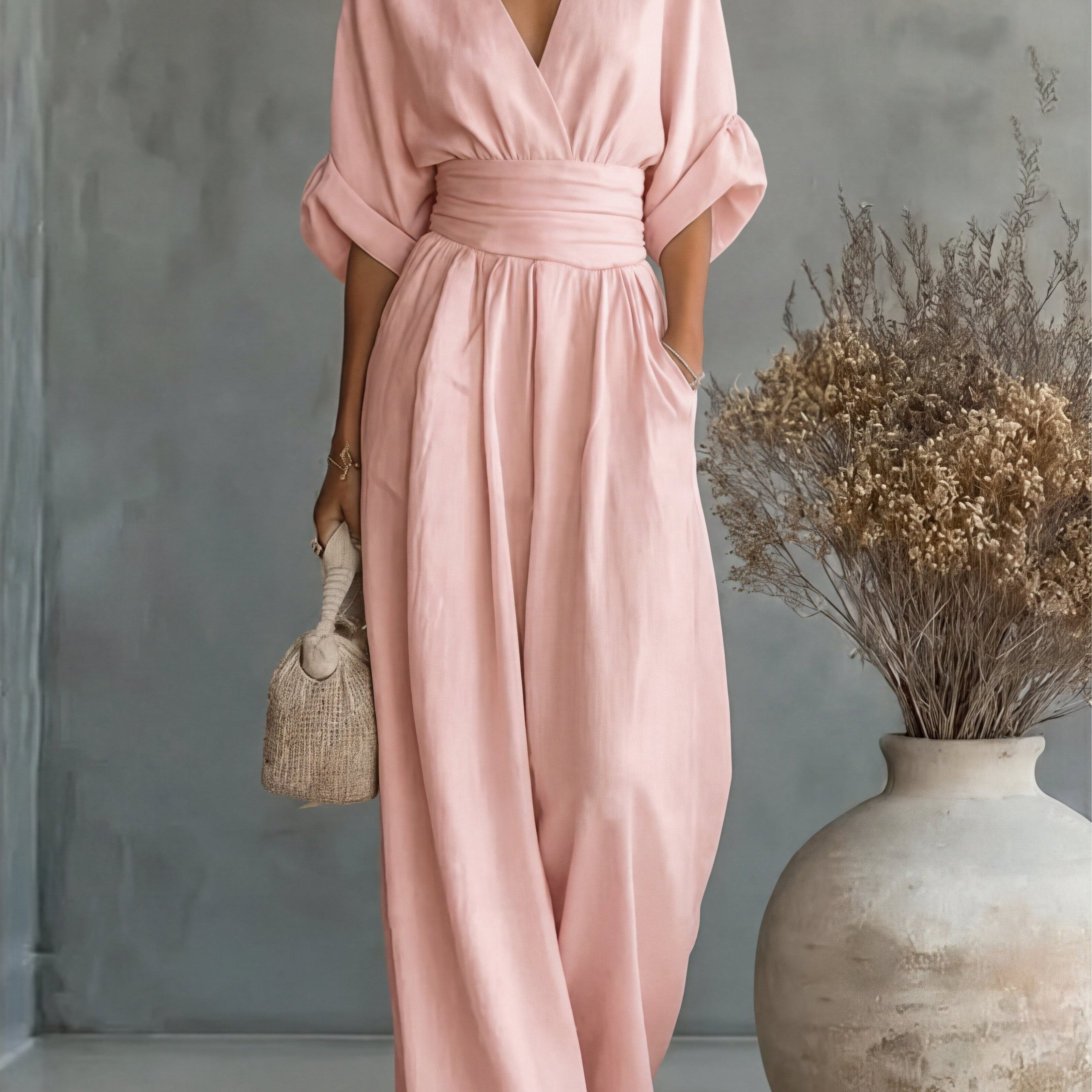 Genevieve | Women's Elegant V-Neck Wide Leg Wedding Guest Jumpsuit