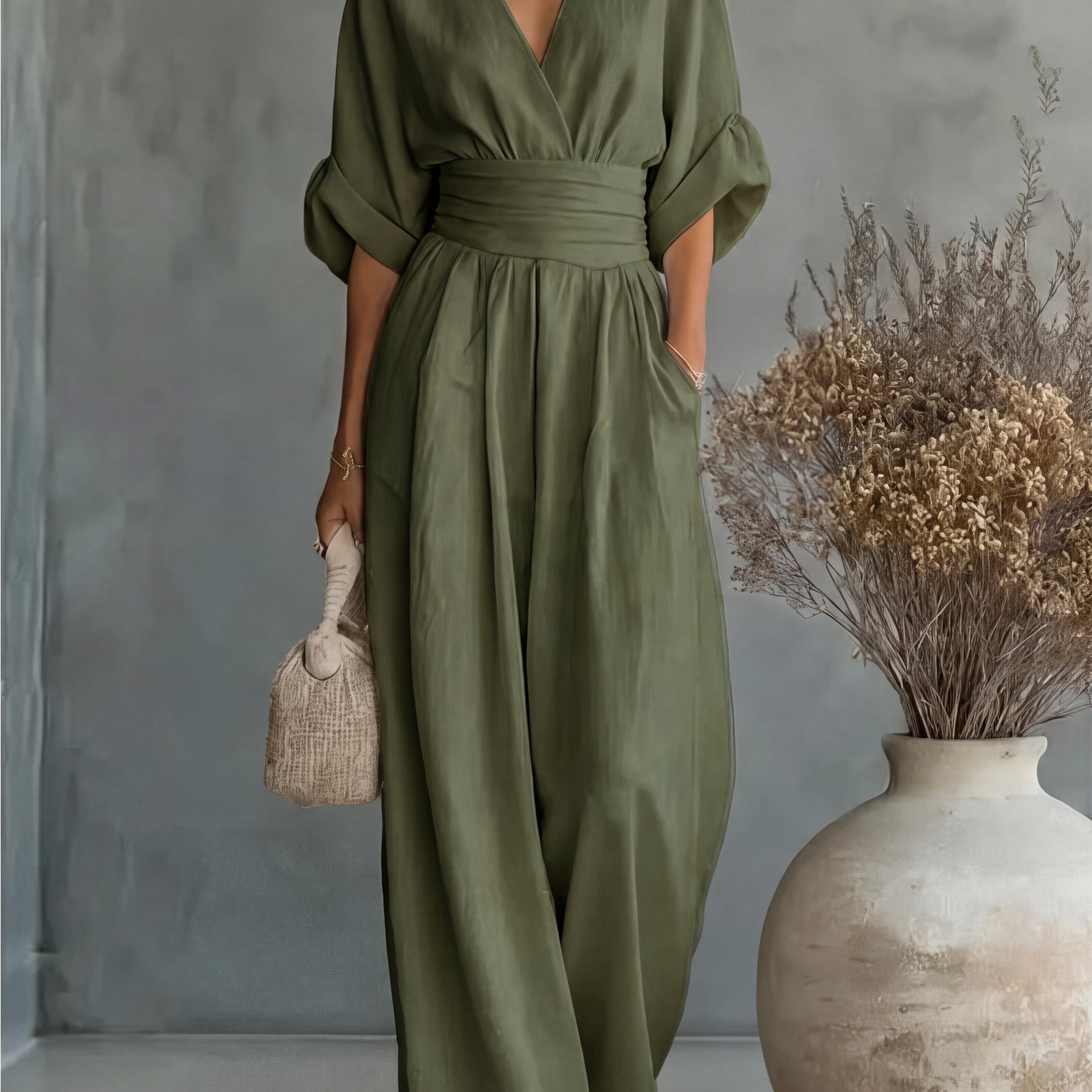 Genevieve | Women's Elegant V-Neck Wide Leg Wedding Guest Jumpsuit
