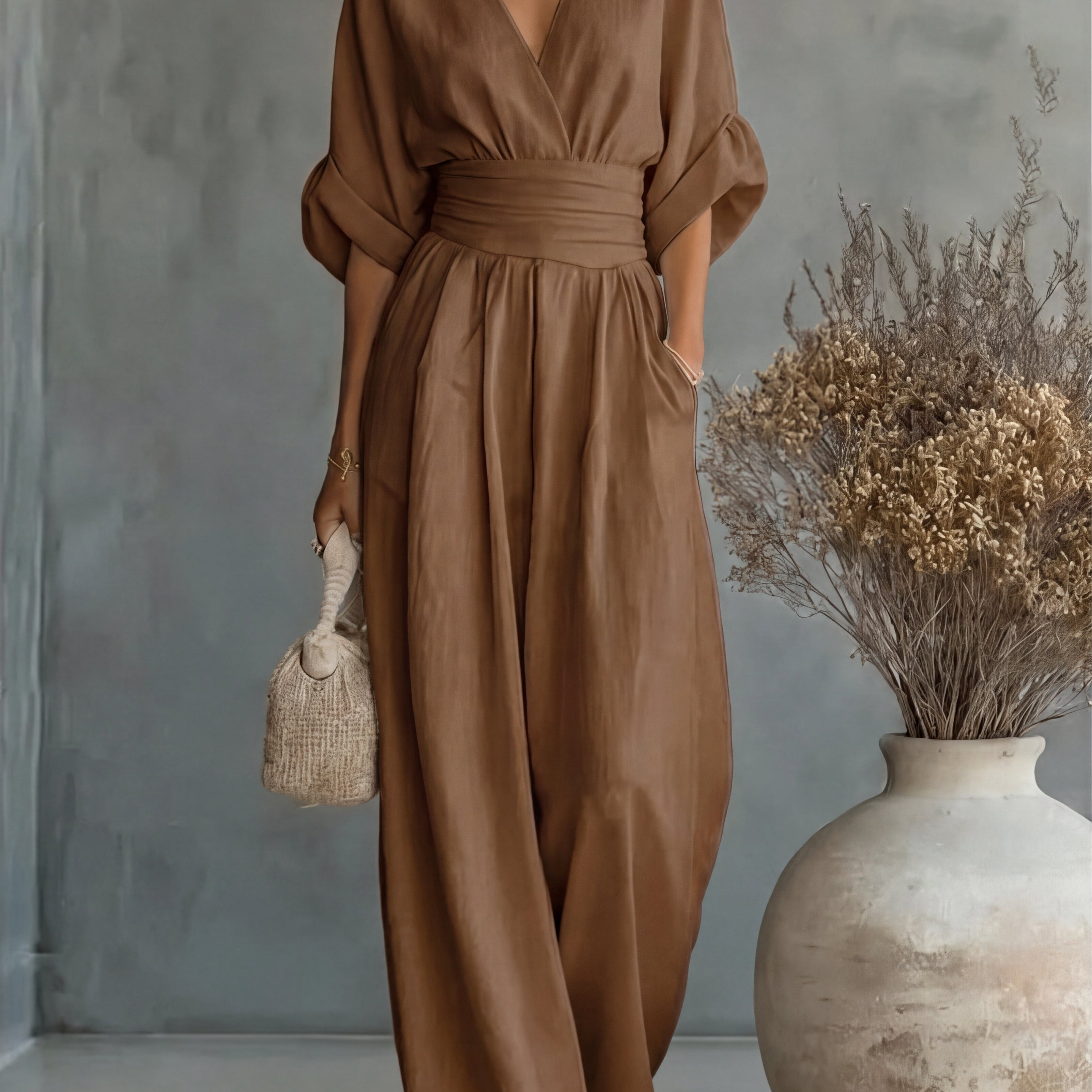 Genevieve | Women's Elegant V-Neck Wide Leg Wedding Guest Jumpsuit