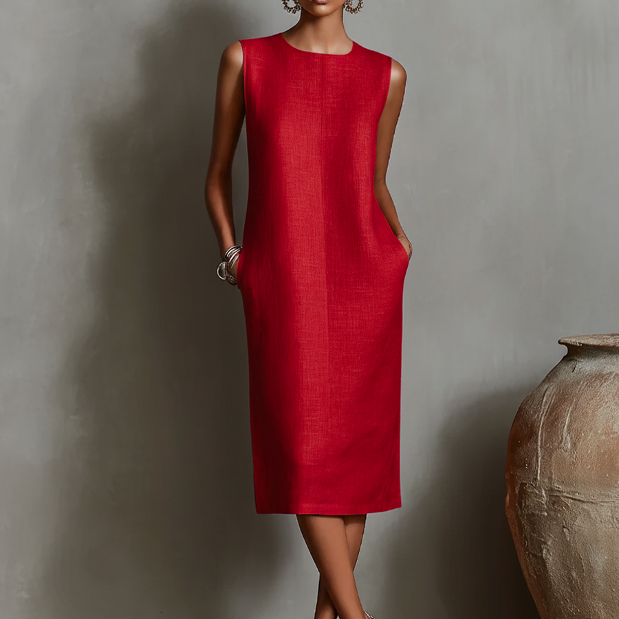 Women's Sheath Dress | Sleeveless Round-Neck Midi Dress with Pockets