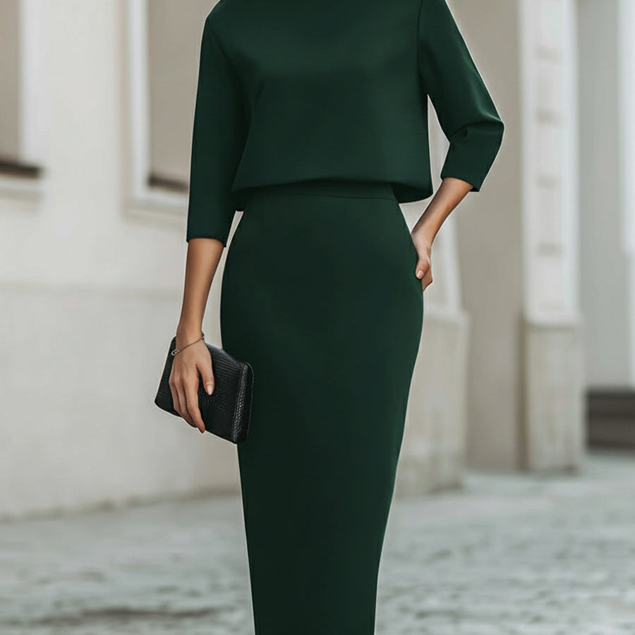 Women's Cropped Top and Midi Skirt Two-Piece Set | Elegant Boat Neck Matching Set