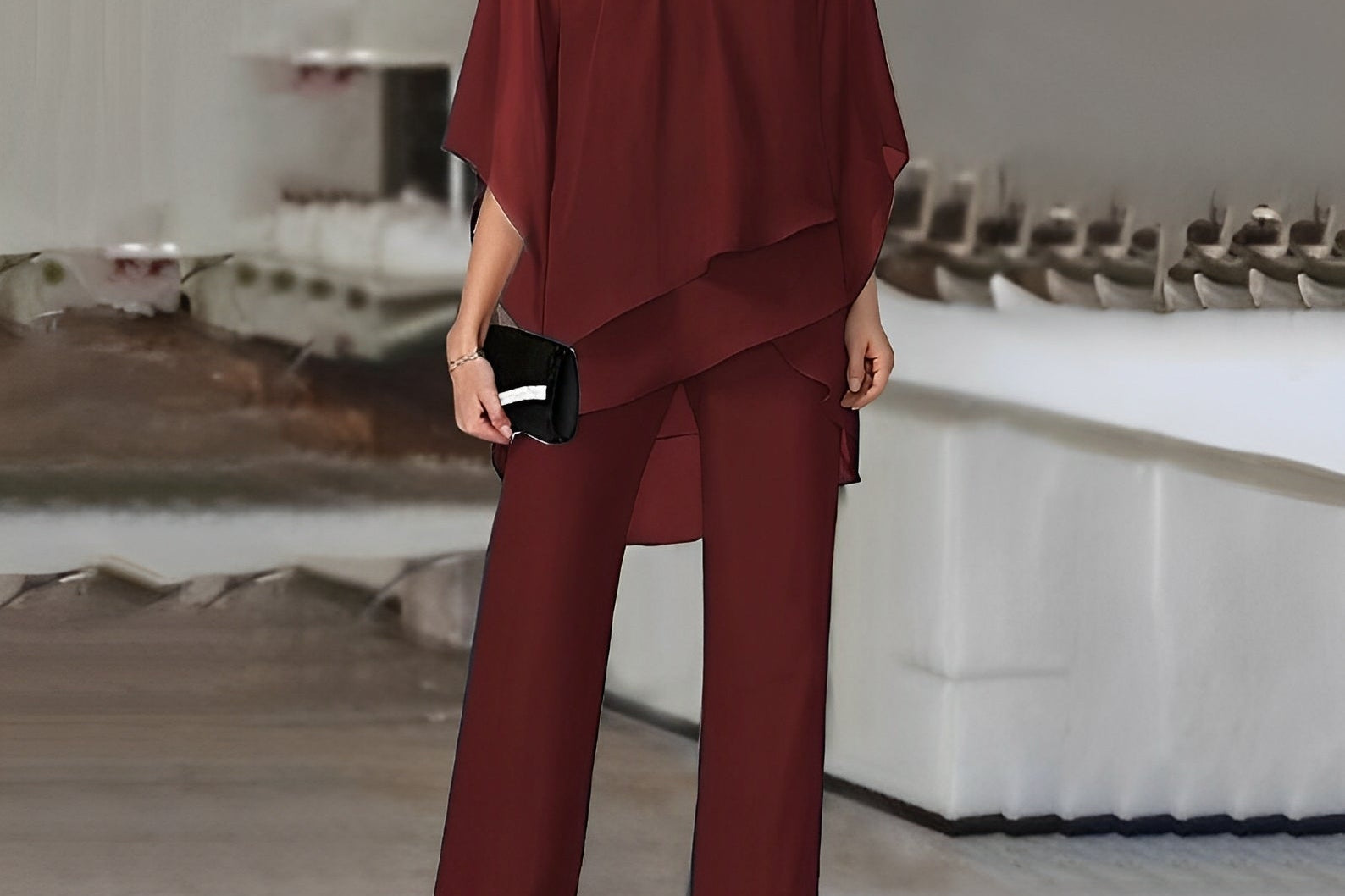 Dagmar - Women's Cape Top and Wide-Leg Pants Set - Wine Red