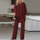 Dagmar - Women's Cape Top and Wide-Leg Pants Set - Wine Red