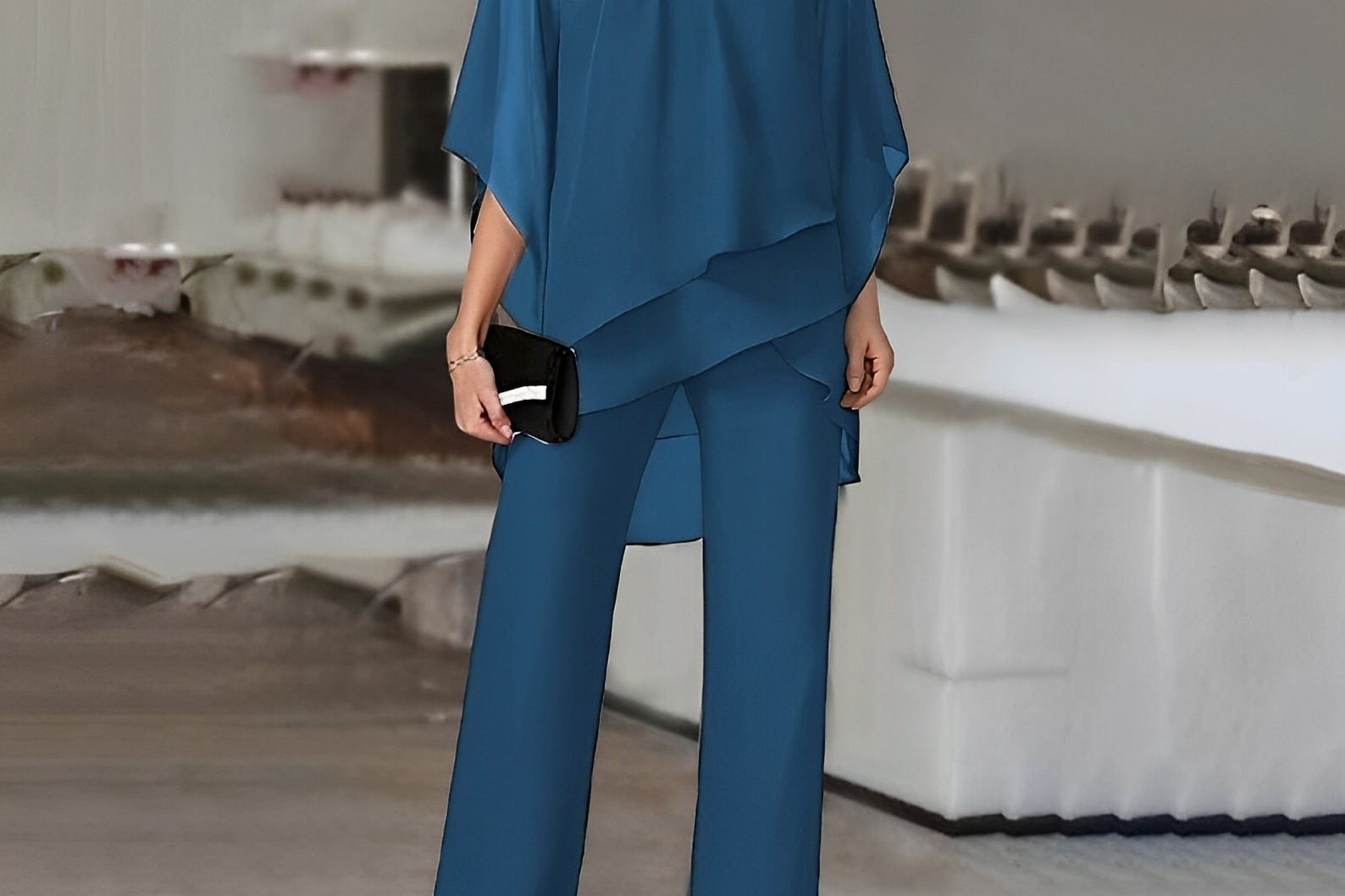 Dagmar - Women's Cape Top and Wide-Leg Pants Set - Sapphire Blue