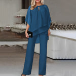 Dagmar - Women's Cape Top and Wide-Leg Pants Set - Sapphire Blue