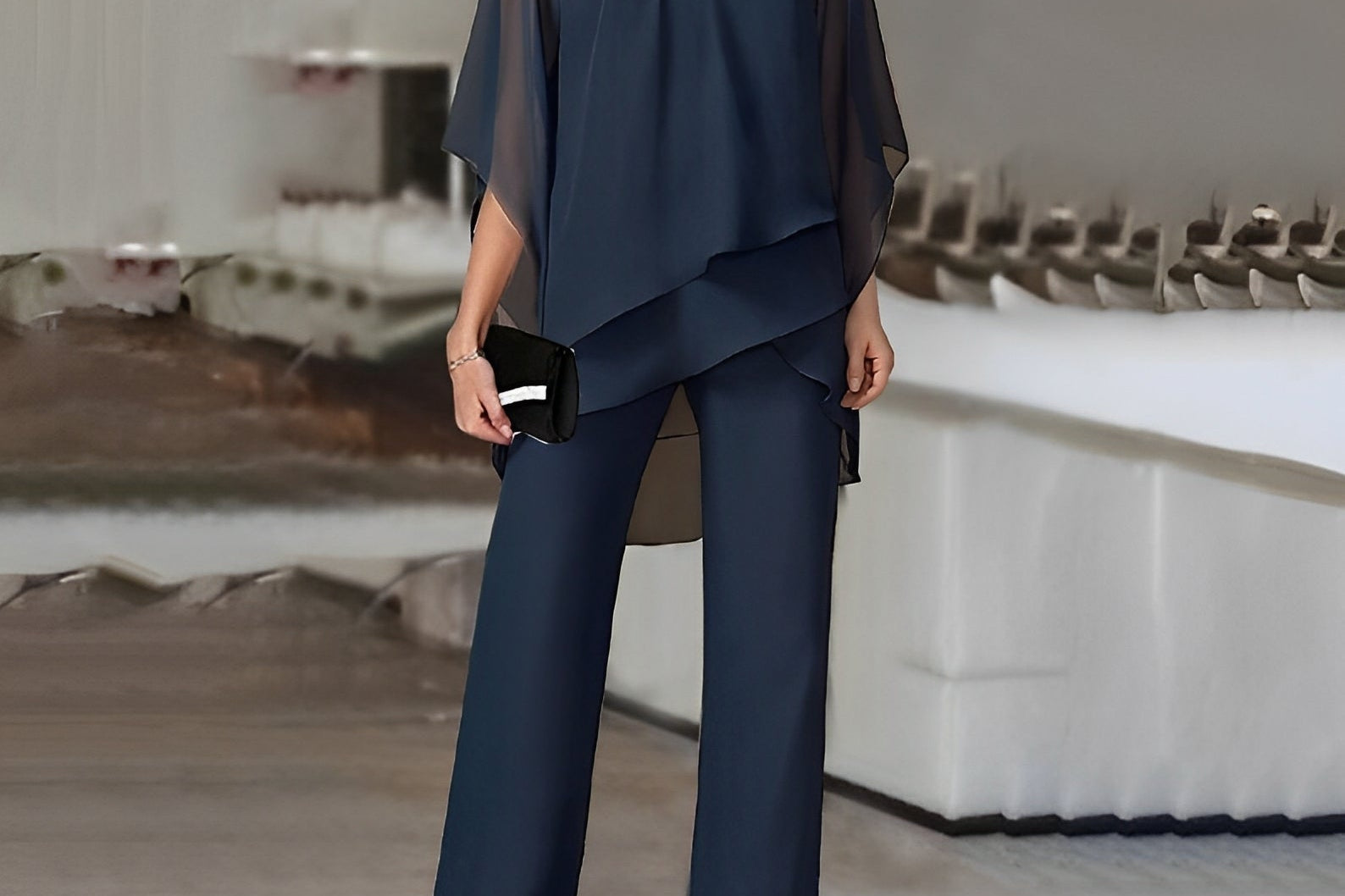 Dagmar - Women's Cape Top and Wide-Leg Pants Set - Navy Blue