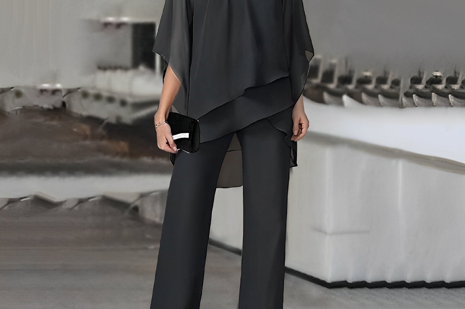 Dagmar - Women's Cape Top and Wide-Leg Pants Set - Black