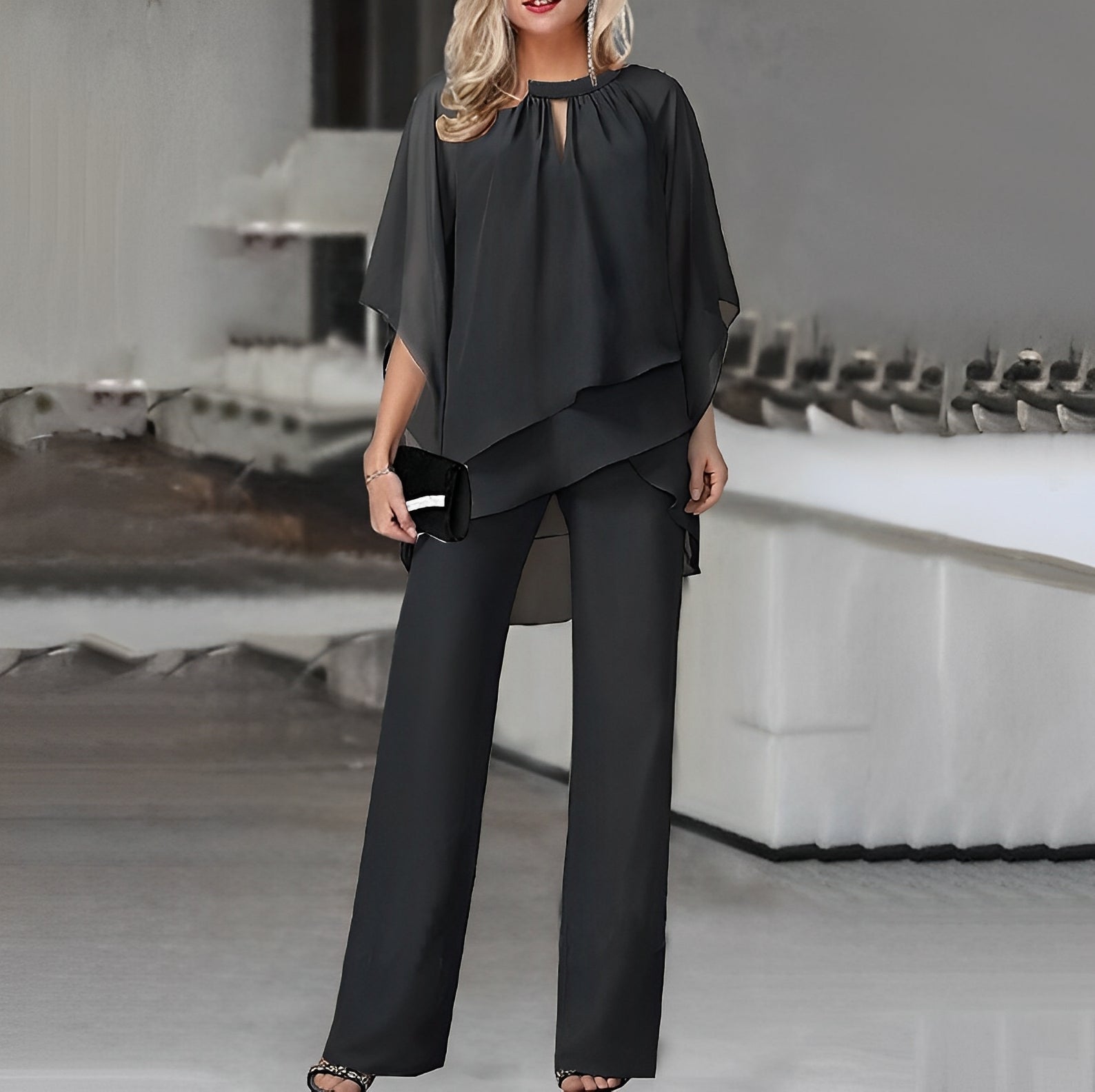 Dagmar - Women's Cape Top and Wide-Leg Pants Set - Black